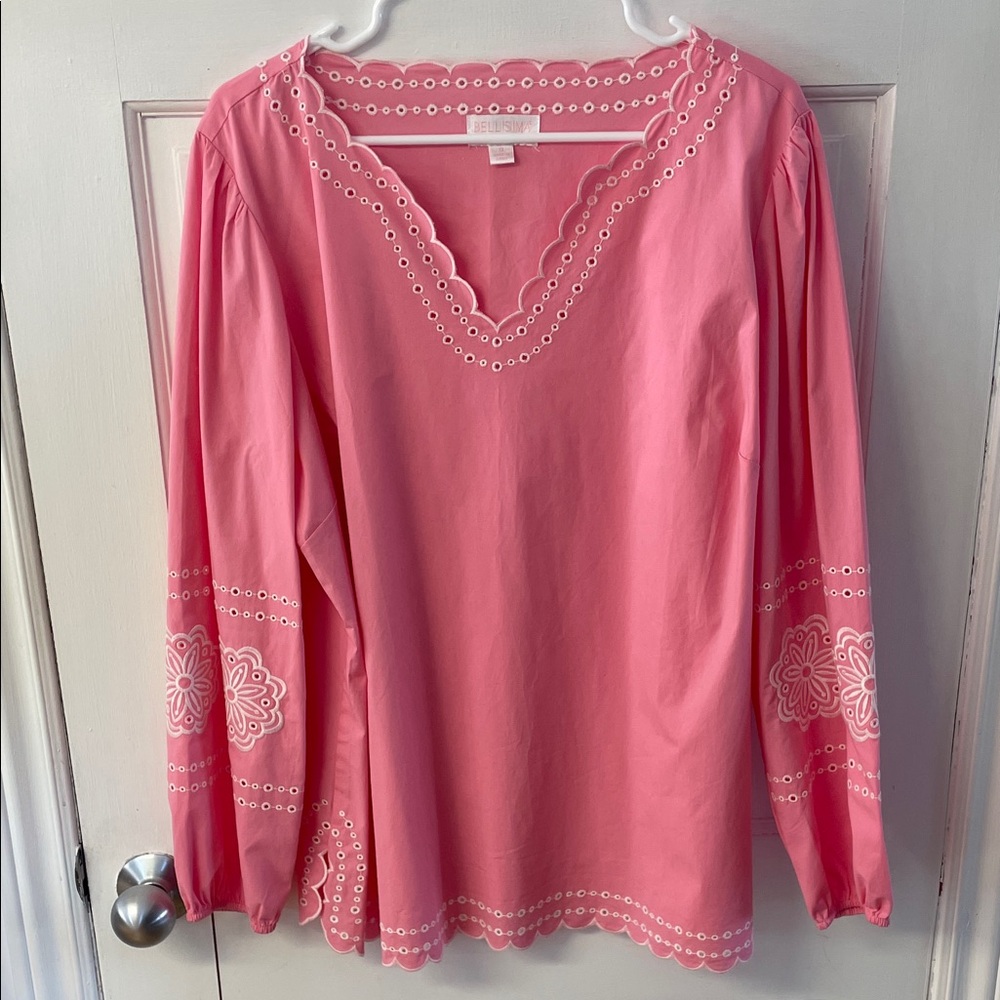 Bellisima by Kim Gravel pink V neck embroidered light top blouse women’s size 1X